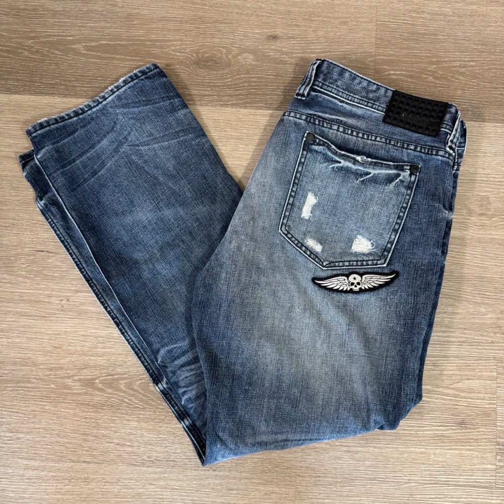 Affliction Ace Slim Straight Jeans Mens 42 Blue Distressed Patches 10SS434